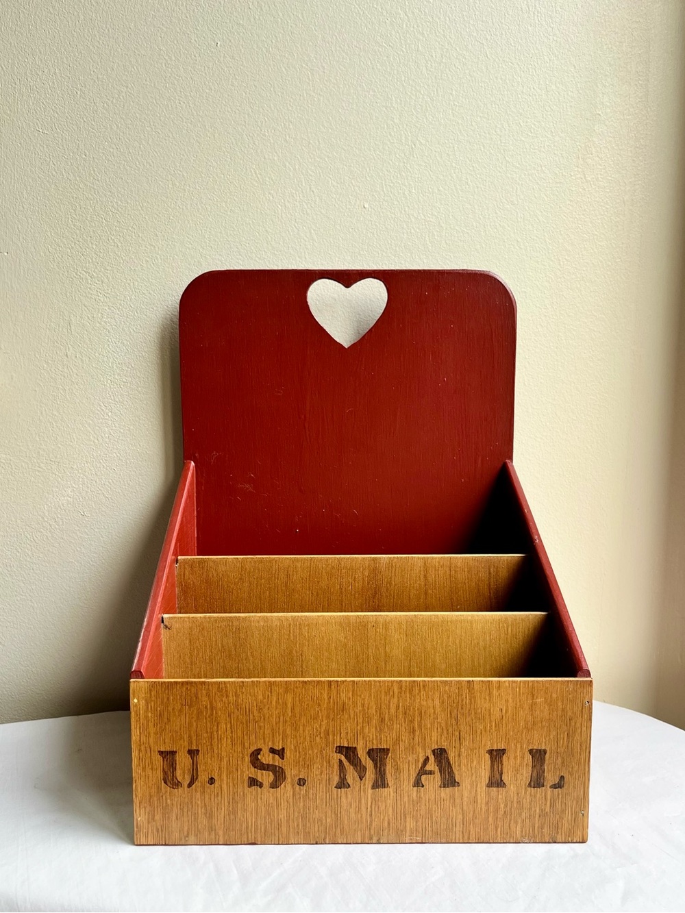 Vintage Red and Natural Wood Mail and Letter Organizer with Cutout Heart